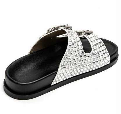 Mules à Strass et Boucles Ajustables – Élégance & Confort Blanc