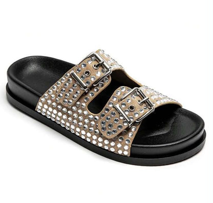 Mules à Strass et Boucles Ajustables – Élégance & Confort Taupe