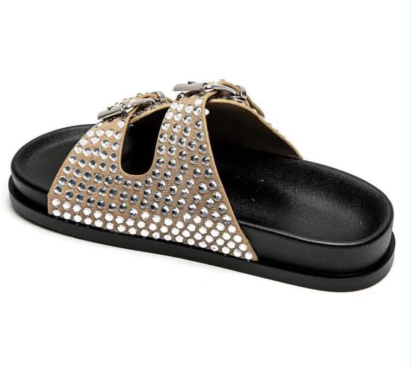 Mules à Strass et Boucles Ajustables – Élégance & Confort Taupe