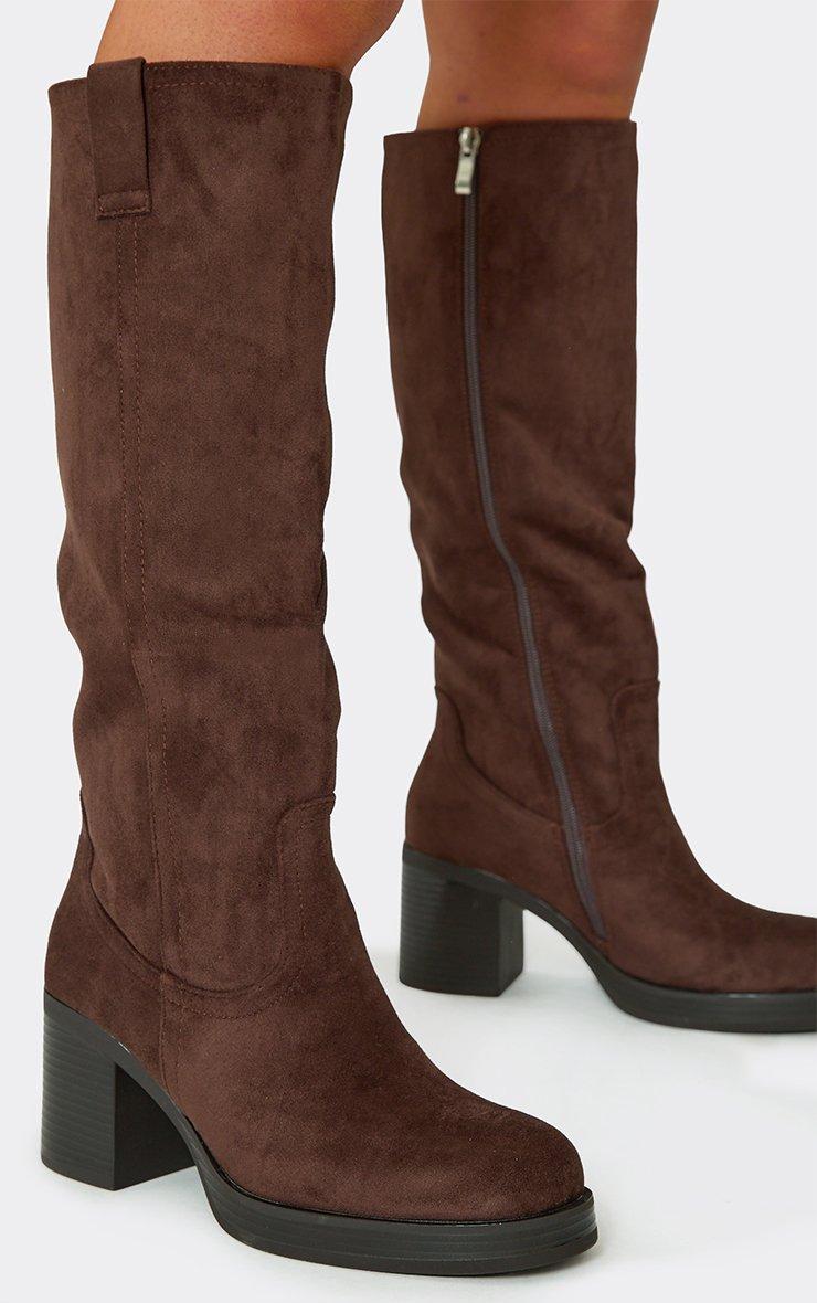 BOTTES SUÉDINE CHOCO TALON PLATEFORME BOUT CARRÉ ZIP APPARENT – MISS MAYRA