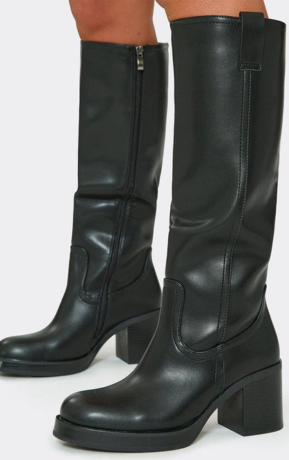 BOTTES SIMILI CUIR NOIR TALON PLATEFORME BOUT CARRÉ ZIP APPARENT – MISS MAYRA
