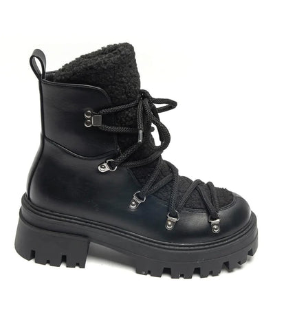 BOOTS SIMILICUIR NOIR FOURRURE SHERPA LACETS SEMELLE PLATEFORME – MISSKCY