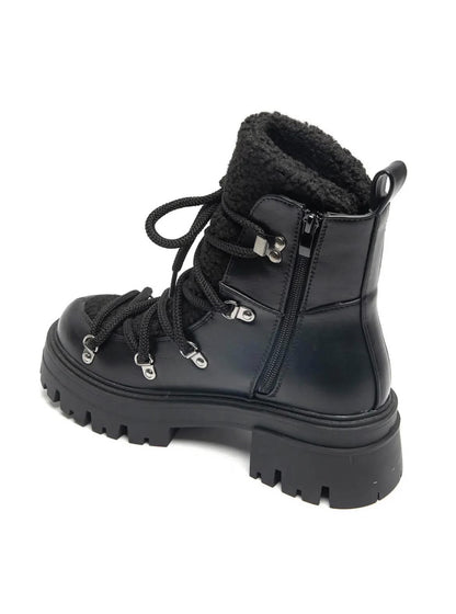 BOOTS SIMILICUIR NOIR FOURRURE SHERPA LACETS SEMELLE PLATEFORME – MISSKCY