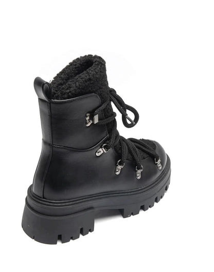 BOOTS SIMILICUIR NOIR FOURRURE SHERPA LACETS SEMELLE PLATEFORME – MISSKCY
