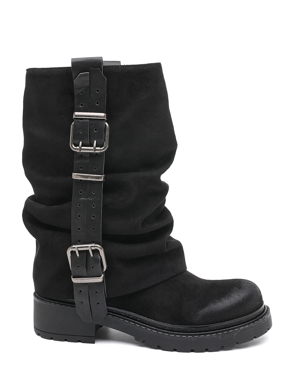 BOTTES MOTARDES EFFET DAIM PLISSÉES À BOUCLES – BOTTES FEMME SEMELLE CRANTÉE NOIR