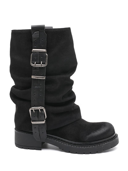BOTTES MOTARDES EFFET DAIM PLISSÉES À BOUCLES – BOTTES FEMME SEMELLE CRANTÉE NOIR