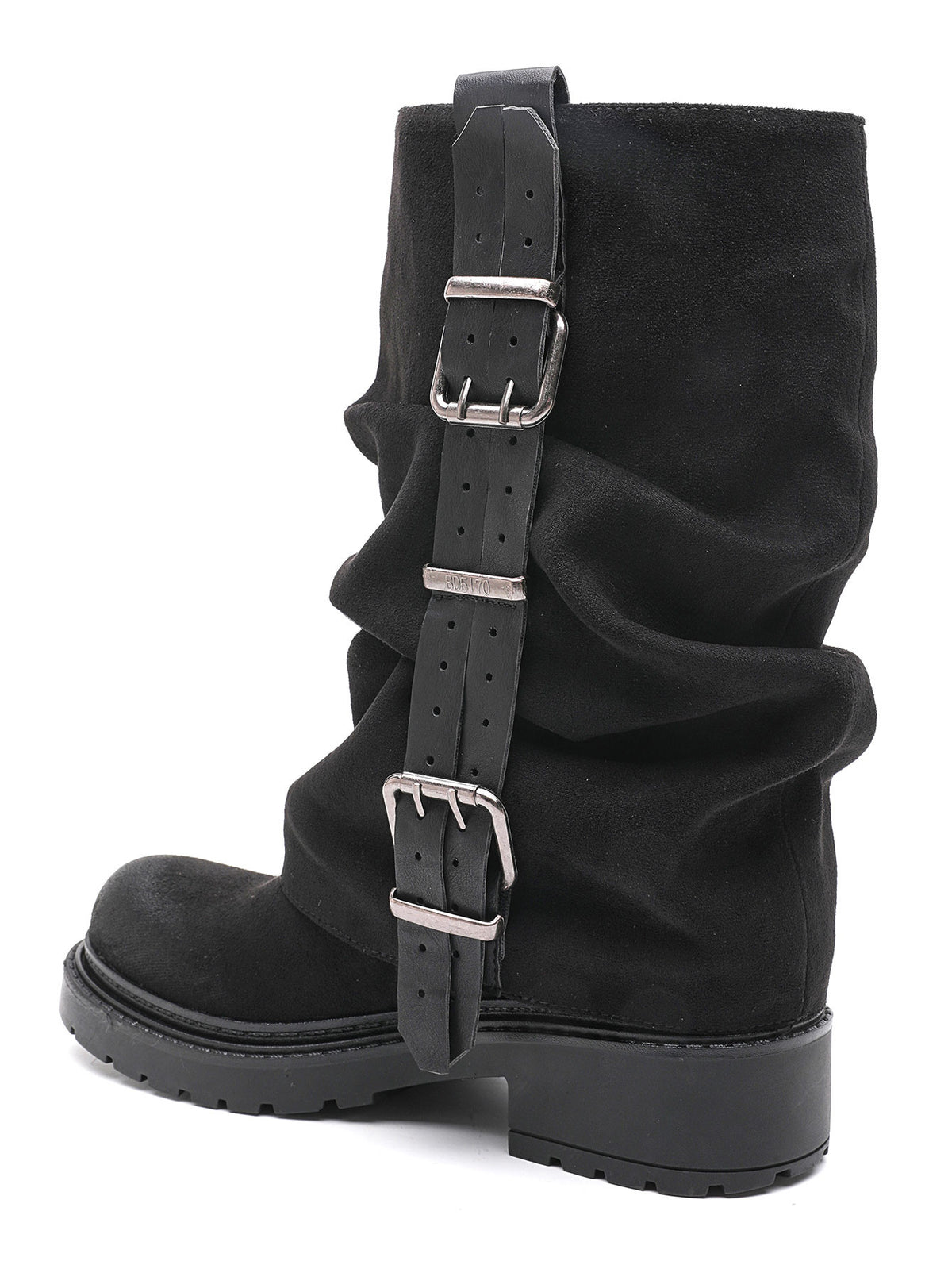 BOTTES MOTARDES EFFET DAIM PLISSÉES À BOUCLES – BOTTES FEMME SEMELLE CRANTÉE NOIR