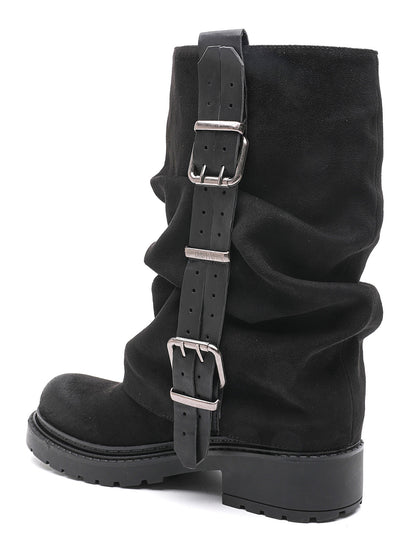 BOTTES MOTARDES EFFET DAIM PLISSÉES À BOUCLES – BOTTES FEMME SEMELLE CRANTÉE NOIR