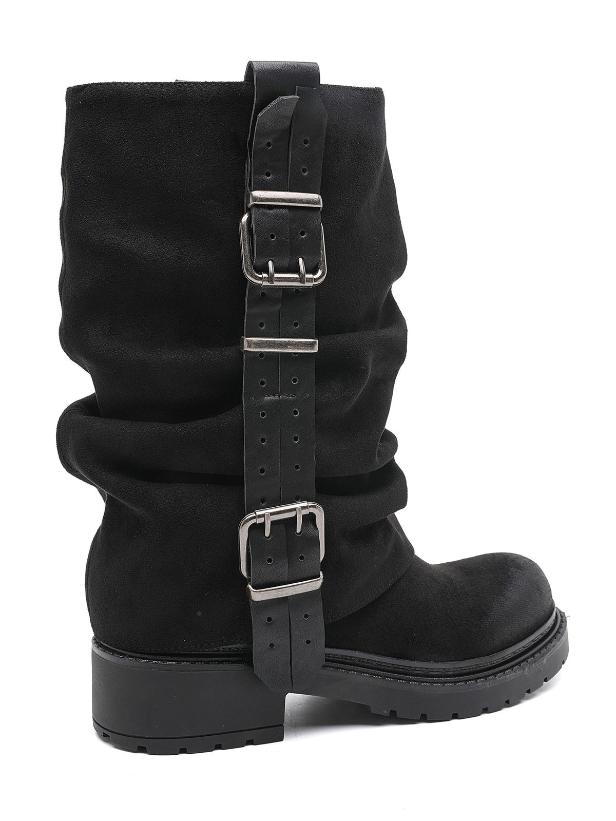 BOTTES MOTARDES EFFET DAIM PLISSÉES À BOUCLES – BOTTES FEMME SEMELLE CRANTÉE NOIR