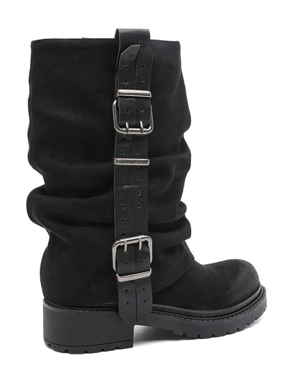 BOTTES MOTARDES EFFET DAIM PLISSÉES À BOUCLES – BOTTES FEMME SEMELLE CRANTÉE NOIR