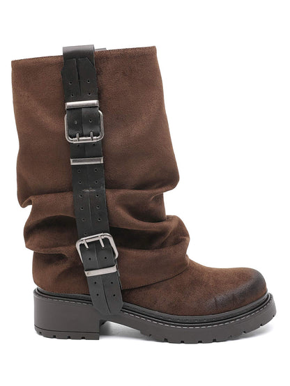 BOTTES MOTARDES EFFET DAIM PLISSÉES À BOUCLES – BOTTES FEMME SEMELLE CRANTÉE CAMEL