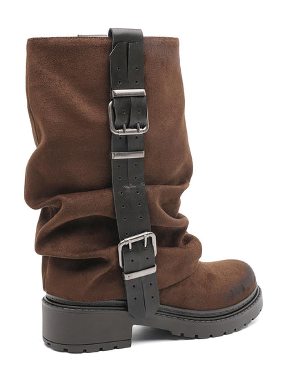 BOTTES MOTARDES EFFET DAIM PLISSÉES À BOUCLES – BOTTES FEMME SEMELLE CRANTÉE CAMEL