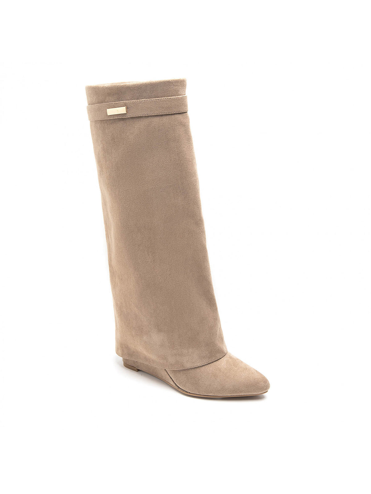 BOTTES SUÉDINE BEIGE TIGE ENVELOPPANTE TALON COMPENSÉ CACHÉ MISS MADISON
