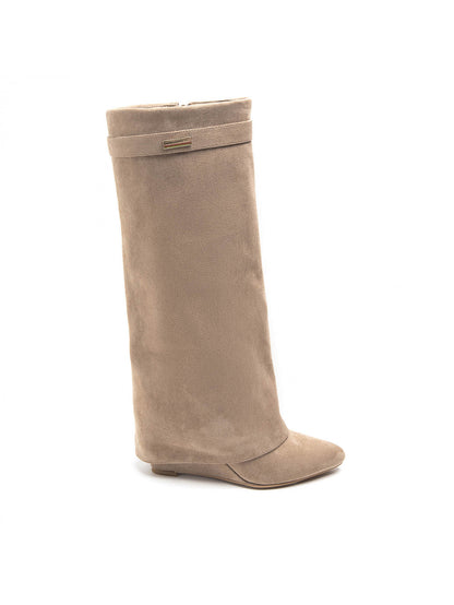 BOTTES SUÉDINE BEIGE TIGE ENVELOPPANTE TALON COMPENSÉ CACHÉ MISS MADISON