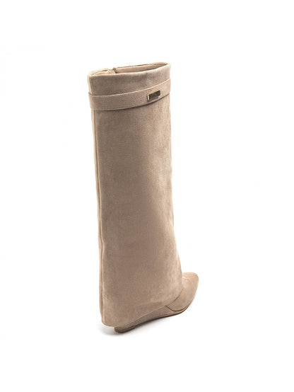 BOTTES SUÉDINE BEIGE TIGE ENVELOPPANTE TALON COMPENSÉ CACHÉ MISS MADISON