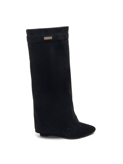 BOTTES SUÉDINE NOIRE TIGE ENVELOPPANTE TALON COMPENSÉ CACHÉ MISS MADISON