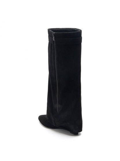 BOTTES SUÉDINE NOIRE TIGE ENVELOPPANTE TALON COMPENSÉ CACHÉ MISS MADISON