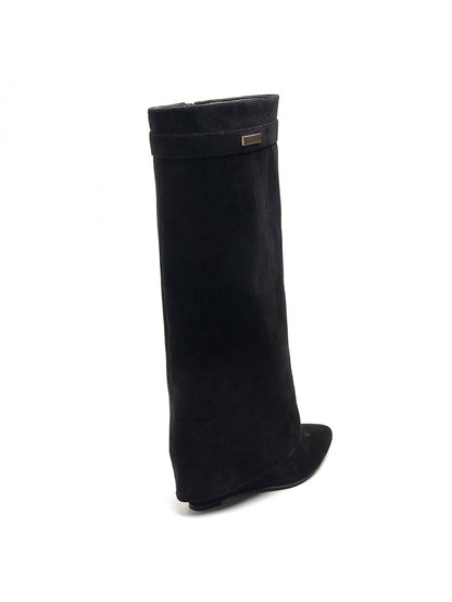 BOTTES SUÉDINE NOIRE TIGE ENVELOPPANTE TALON COMPENSÉ CACHÉ MISS MADISON