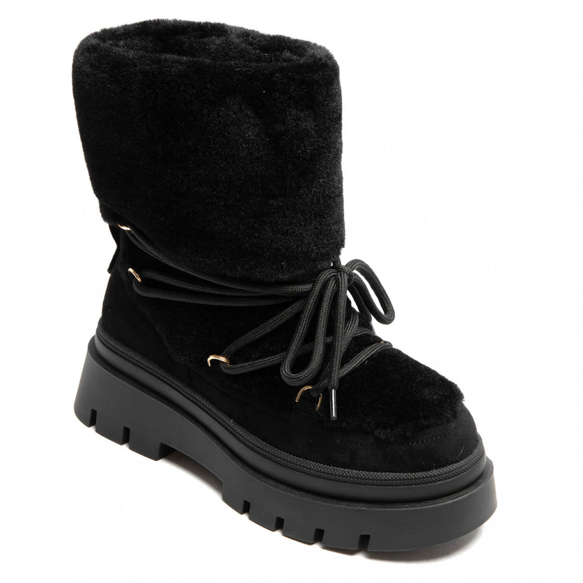 BOOTS SIMILI DAIM NOIR FAUSSE FOURRURE INTÉGRALE LACETS SEMELLE PLATEFORME – MISS ALMA