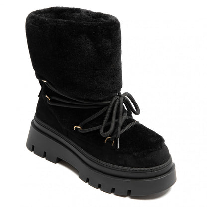 BOOTS SIMILI DAIM NOIR FAUSSE FOURRURE INTÉGRALE LACETS SEMELLE PLATEFORME – MISS ALMA