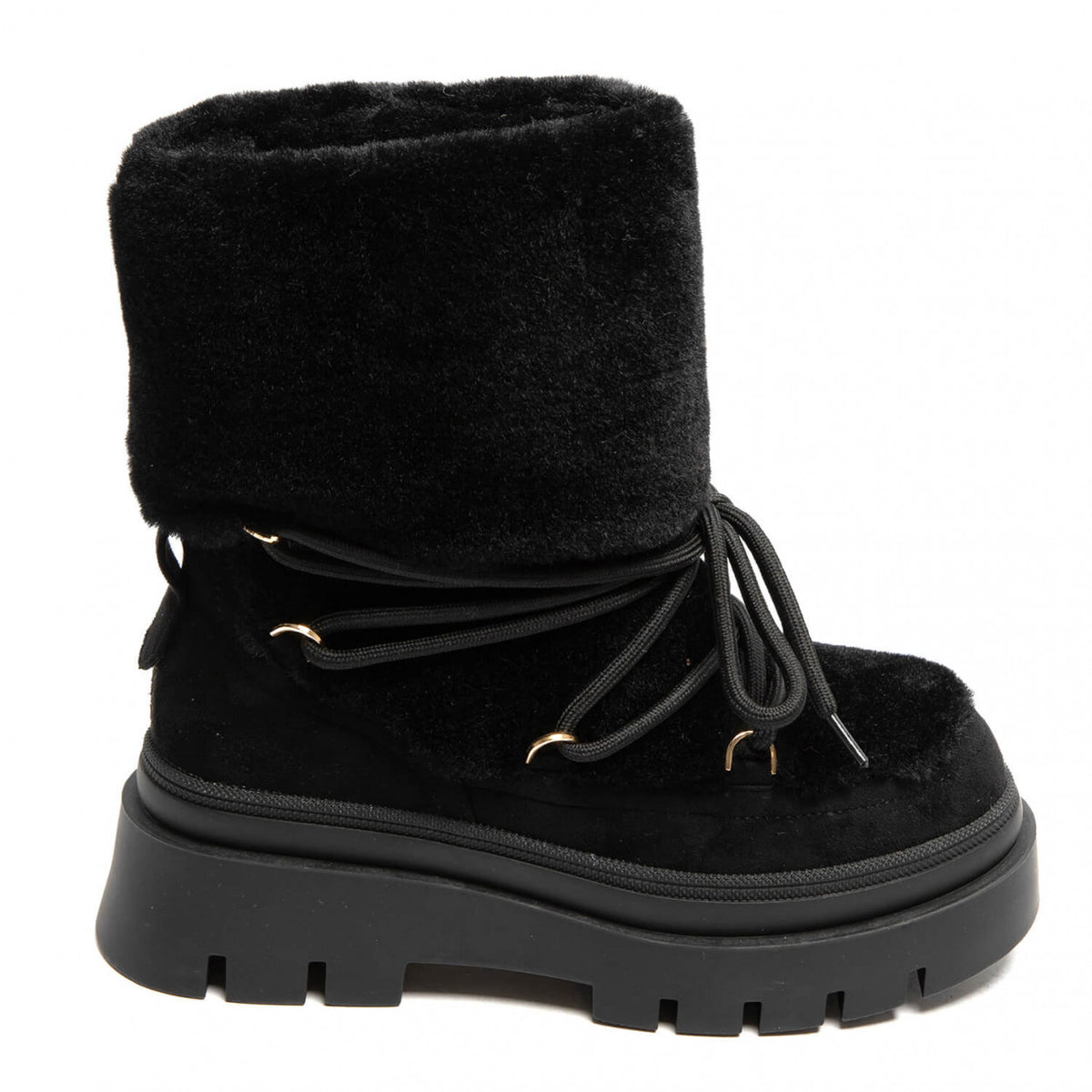 BOOTS SIMILI DAIM NOIR FAUSSE FOURRURE INTÉGRALE LACETS SEMELLE PLATEFORME – MISS ALMA