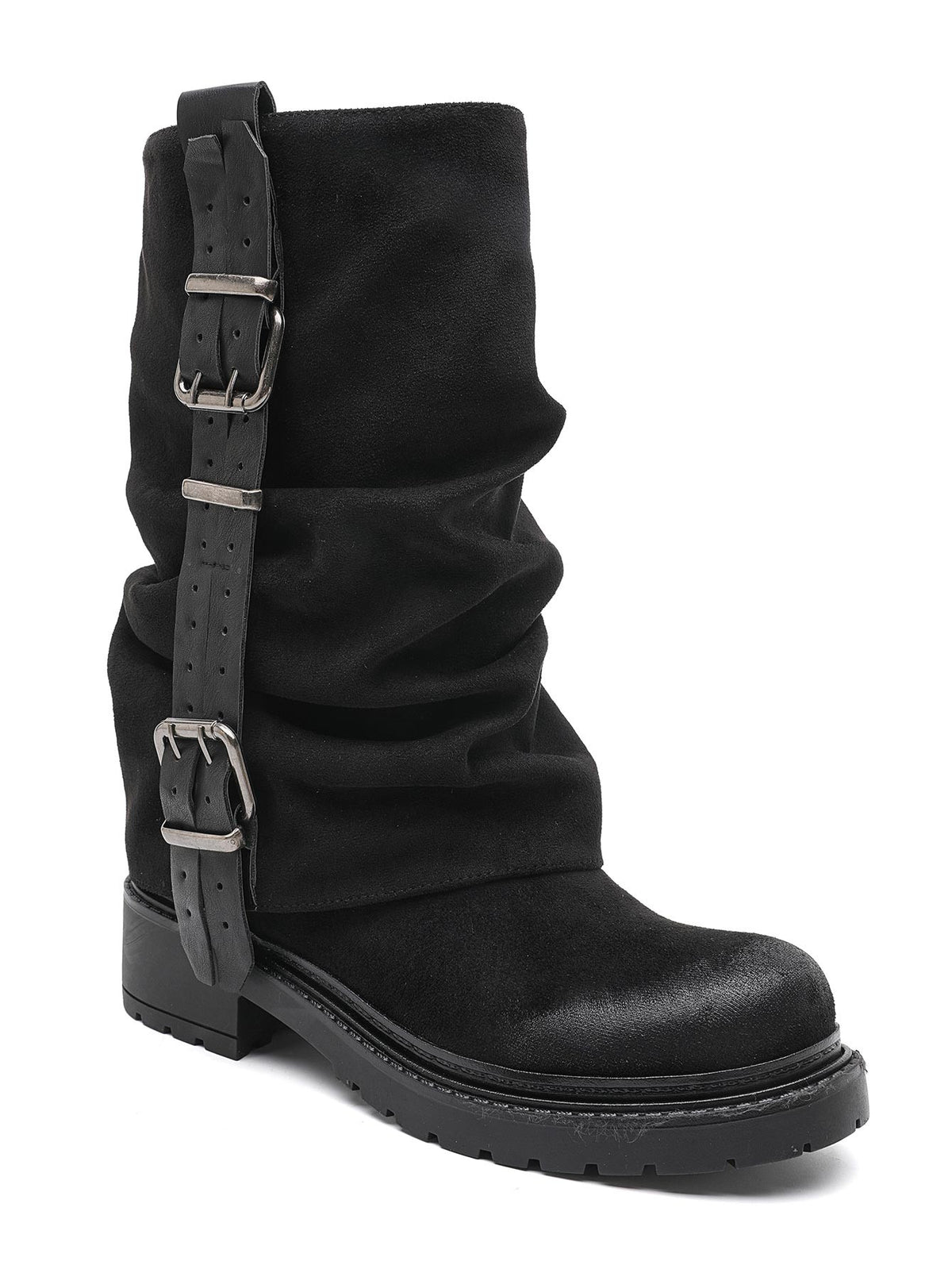 BOTTES MOTARDES EFFET DAIM PLISSÉES À BOUCLES – BOTTES FEMME SEMELLE CRANTÉE NOIR