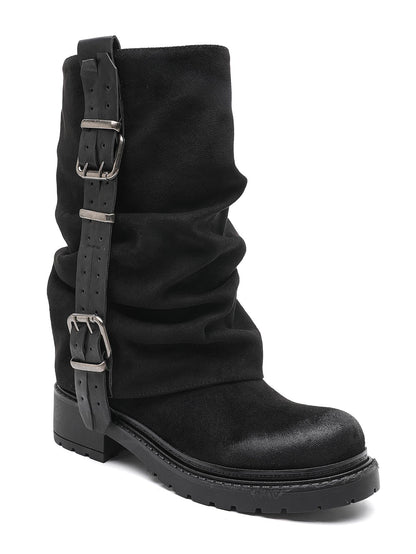 BOTTES MOTARDES EFFET DAIM PLISSÉES À BOUCLES – BOTTES FEMME SEMELLE CRANTÉE NOIR
