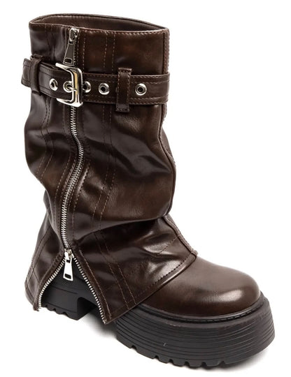 BOTTES PLATEFORME FEMME À REVERS ZIPPÉ & BOUCLE – MARRONMISS FOLY