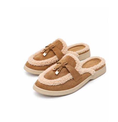 MULES FOURRÉES CAMEL – BORDURE BOUCLETTE & CADENAS DORÉ MISS MULA