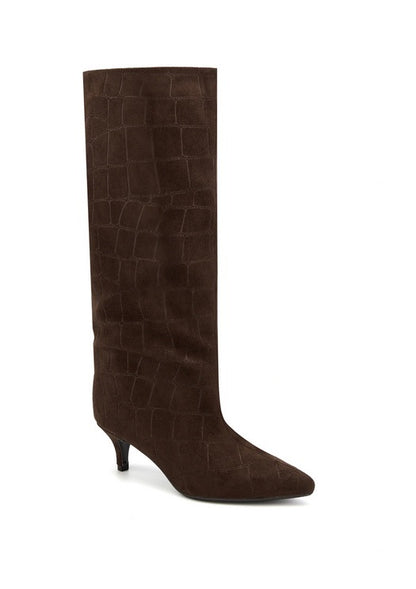 BOTTES HAUTES FEMME CHOCO EFFET CROCO BOUT POINTU, PETIT TALON MEGAN