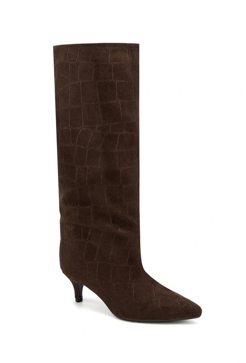 BOTTES HAUTES FEMME CHOCO EFFET CROCO BOUT POINTU, PETIT TALON MEGAN