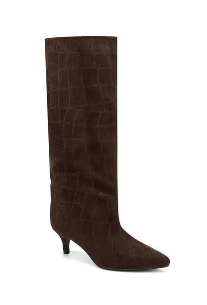 BOTTES HAUTES FEMME CHOCO EFFET CROCO BOUT POINTU, PETIT TALON MEGAN