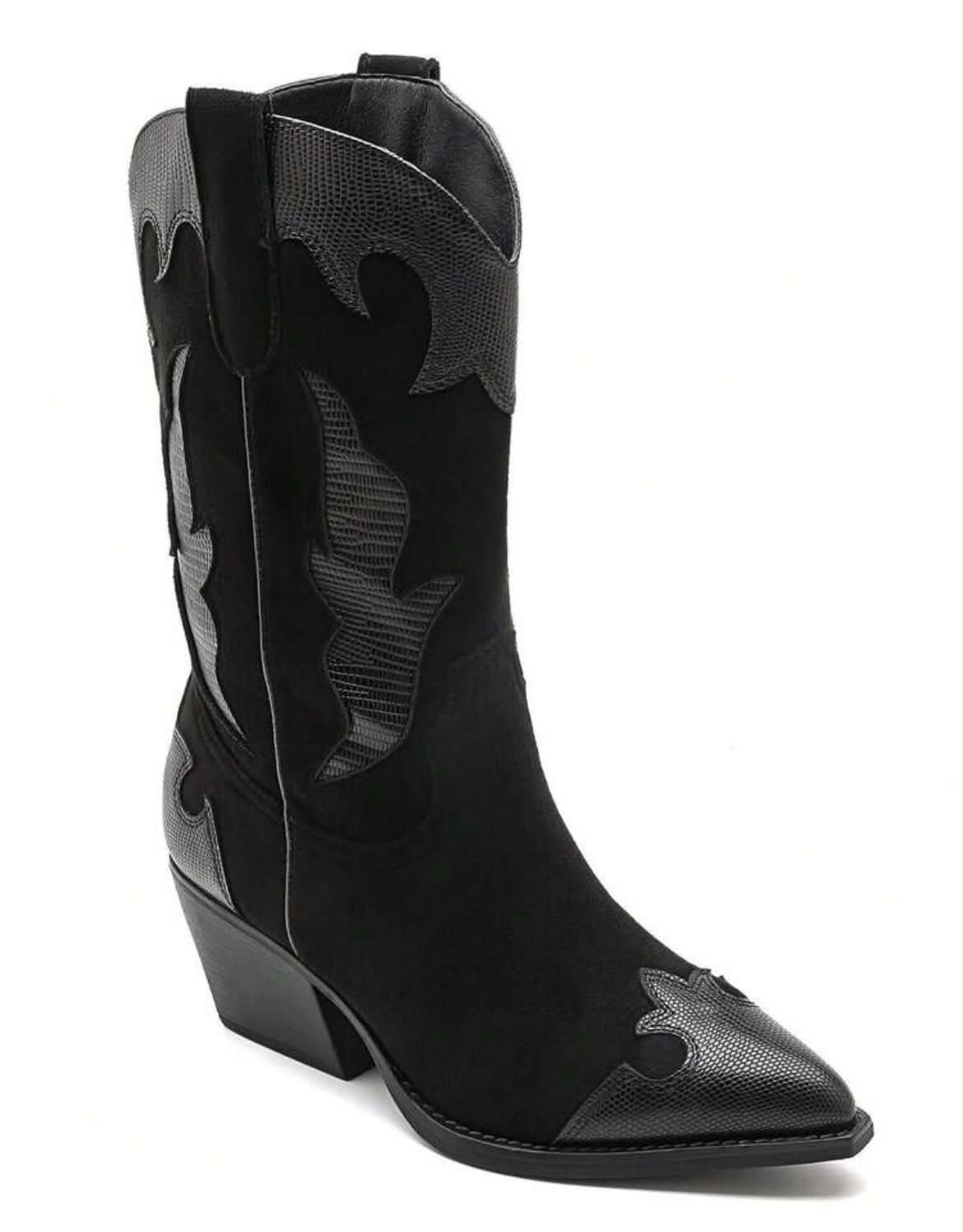 BOTTES WESTERN FEMME EFFET DAIM & REPTILE TON SUR TON – NOIR MISS STERNA