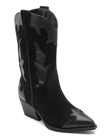 BOTTES WESTERN FEMME EFFET DAIM & REPTILE TON SUR TON – NOIR MISS STERNA