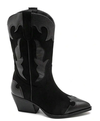 BOTTES WESTERN FEMME EFFET DAIM & REPTILE TON SUR TON – NOIR MISS STERNA