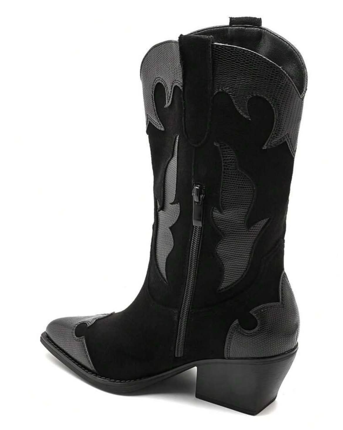 BOTTES WESTERN FEMME EFFET DAIM & REPTILE TON SUR TON – NOIR MISS STERNA
