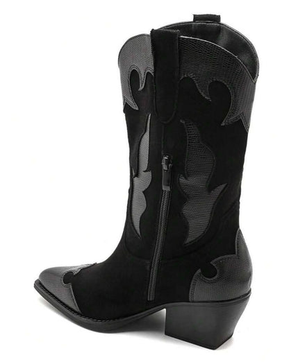 BOTTES WESTERN FEMME EFFET DAIM & REPTILE TON SUR TON – NOIR MISS STERNA