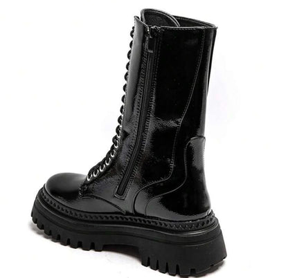 BOOTS SIMILICUIR VERNI NOIR LACETS BORDURE SEMELLE PLATEFORME MISS NATH