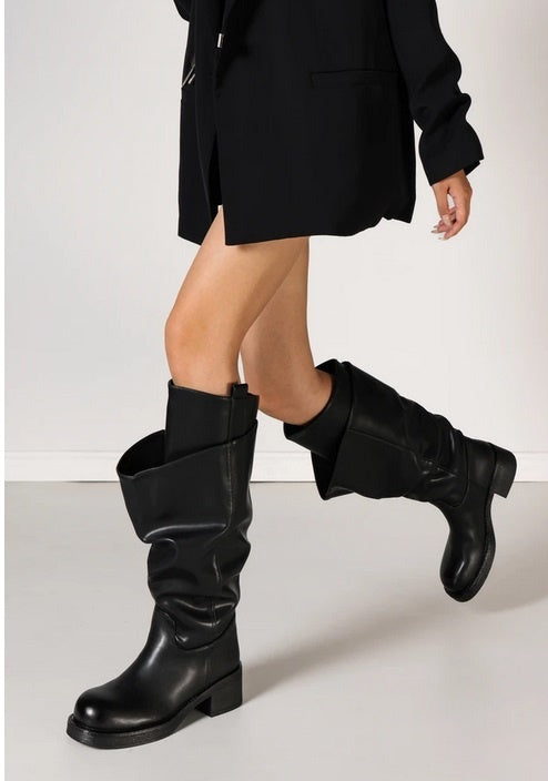 BOTTES SLOUCHY FEMME NOIRES À REVERS – EFFET CUIR, TALON BLOC