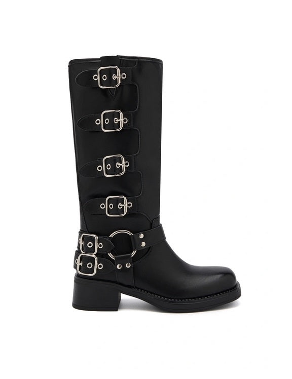 BOTTES BIKER FEMME NOIRES À BOUCLES – STYLE MOTARDE, TALON BLOC
