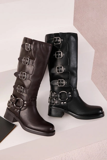 BOTTES BIKER FEMME NOIRES À BOUCLES – STYLE MOTARDE, TALON BLOC