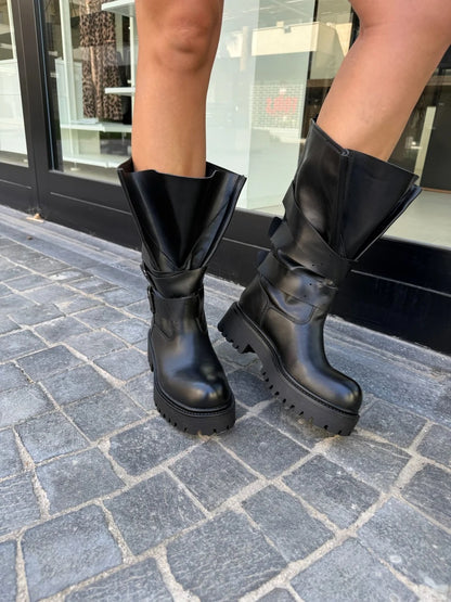 BOTTES BIKER FEMME NOIRES EFFET CUIR – À BOUCLES, SEMELLE CRANTÉE