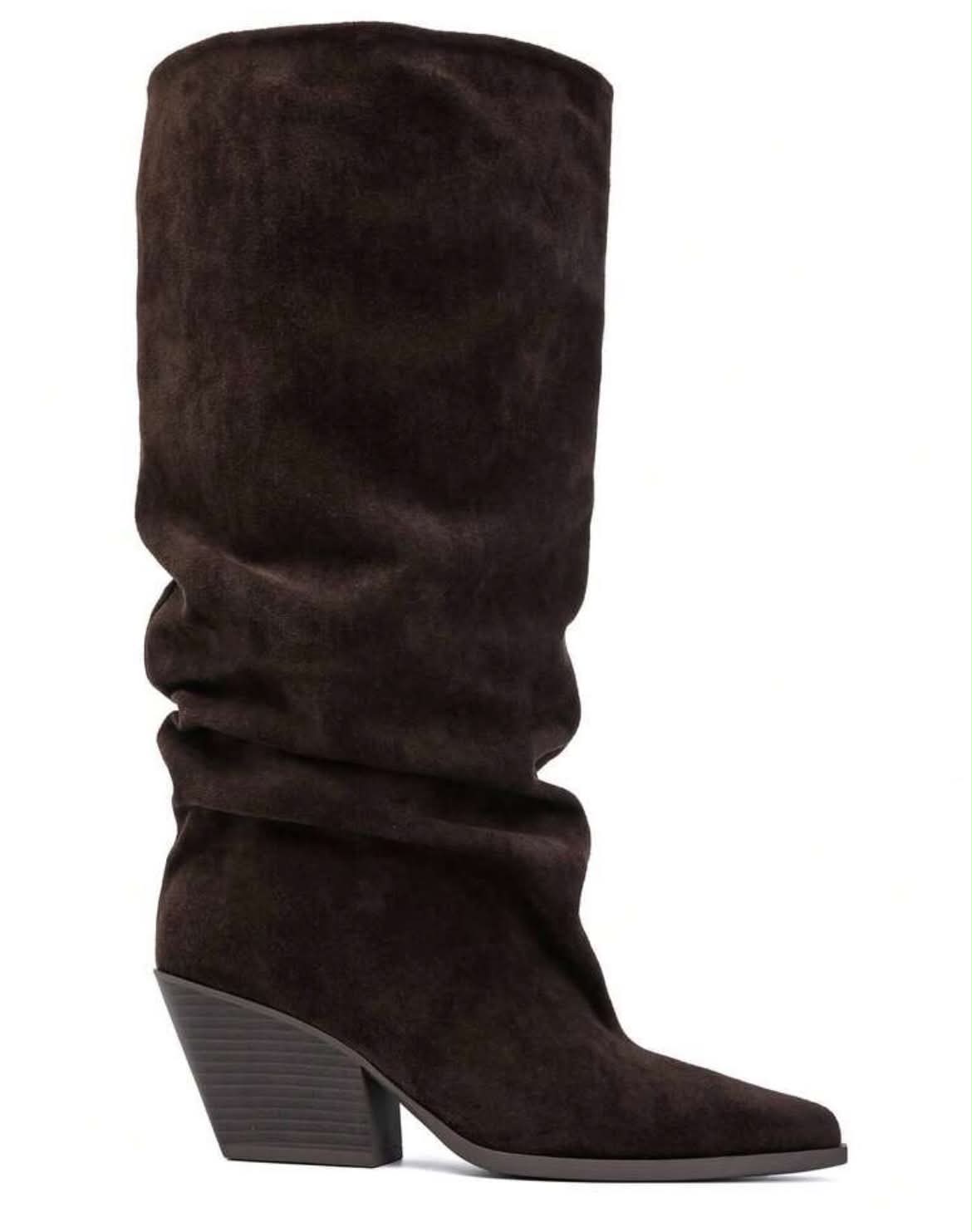 BOTTES HAUTES EFFET FROISSÉ BOUT POINTU TALON BISEAUTÉ – MISS GRACE CHOCO SUEDINE