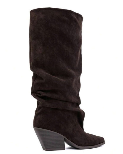 BOTTES HAUTES EFFET FROISSÉ BOUT POINTU TALON BISEAUTÉ – MISS GRACE CHOCO SUEDINE
