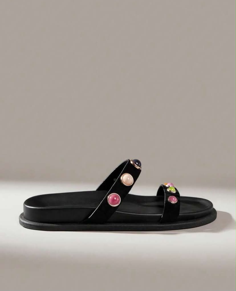 Sandales Joya en Simili Cuir Noir – Ornements de Pierres Cabochons Colorées Pink