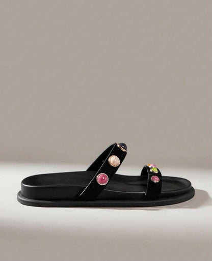 Sandales Joya en Simili Cuir Noir – Ornements de Pierres Cabochons Colorées Pink