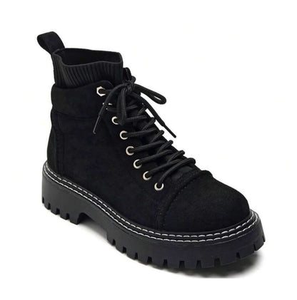 BOOTS SUEDINE NOIR COL CÔTELÉ SURPIQÛRES SEMELLE PLATEFORME MISS PAGE