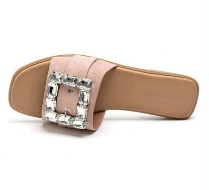 Mules plates ornées de strass – Élégance décontractée rose