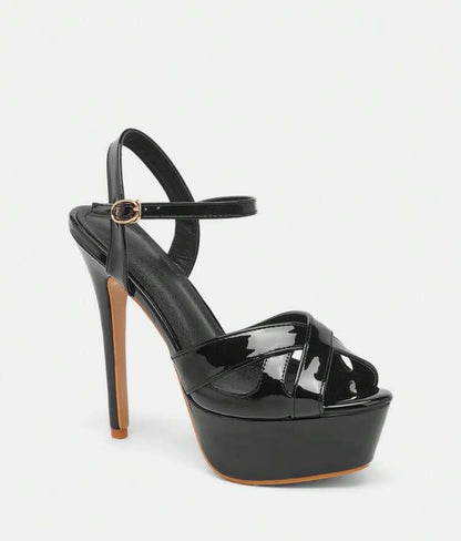 Sandales à Plateforme et Talon Aiguille – Noir Verni Glamour