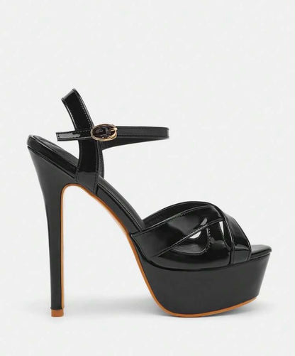 Sandales à Plateforme et Talon Aiguille – Noir Verni Glamour